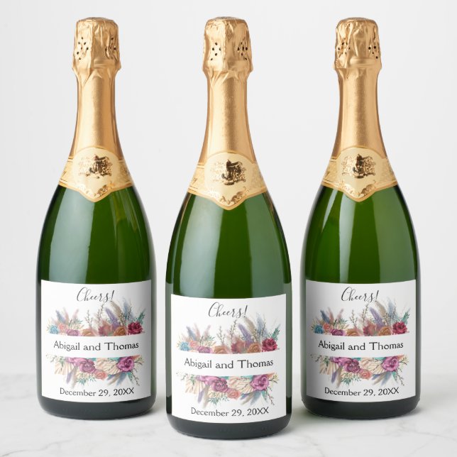 Floral Boho Personalized Trendy Wedding Favour  Sparkling Wine Label (Bottles)