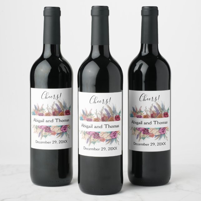 Floral Boho Personalized Trendy Wedding Favour Wine Label (Bottles)