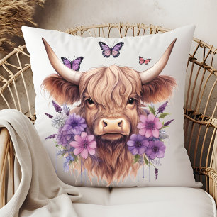 Floral Boho Purple Highland Cow Farmhouse Home Throw Pillow