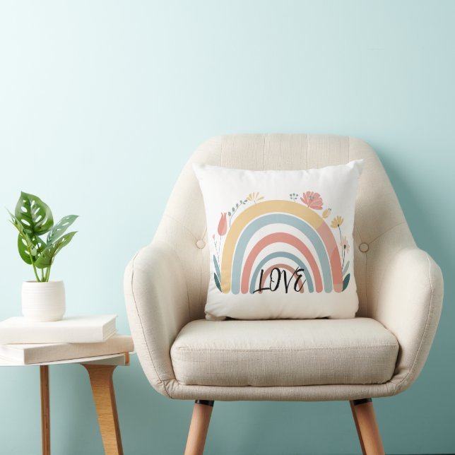 Floral Boho Rainbow Square Throw Pillow (Chair)