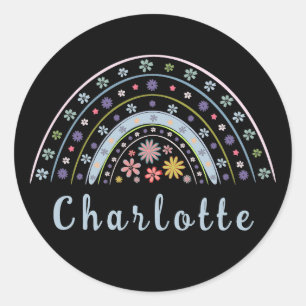 Floral Boho Rainbow with Personalized Name  Classic Round Sticker