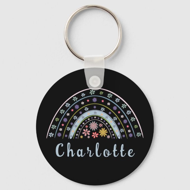 Floral Boho Rainbow with Personalized Name   Keychain (Front)
