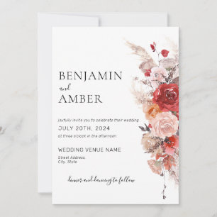 Floral Boho Rust Burnt Orange Burgundy Wedding Invitation