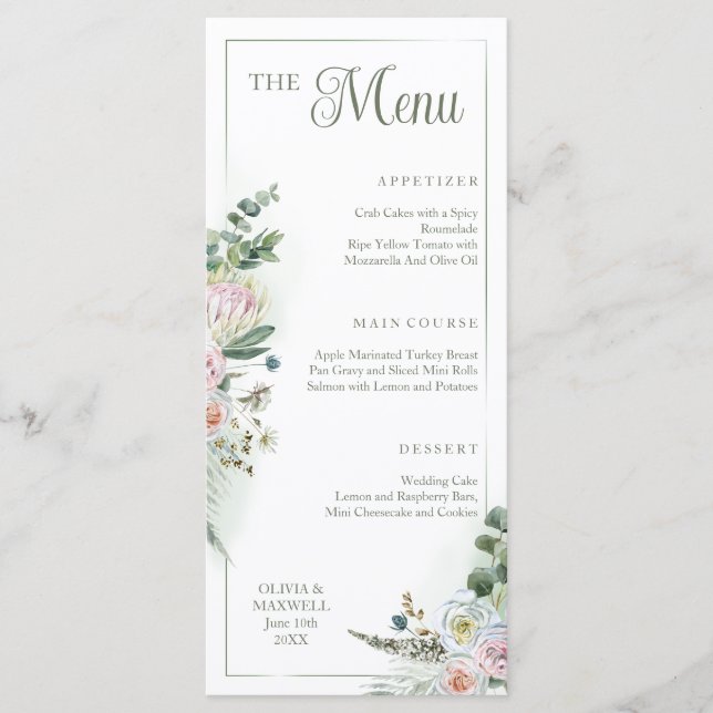 Floral Boho Sage Green Menu Mariage (Devant)