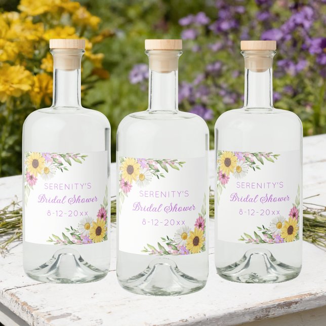 Floral Boho Sunflower Daisy Bridal Shower Liquor Bottle Label (Creator Uploaded)