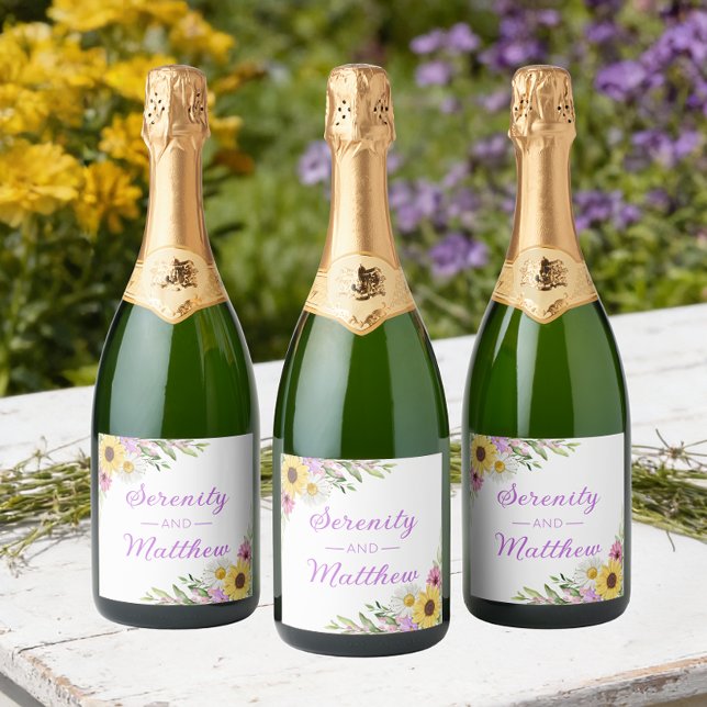 Floral Boho Sunflower Daisy Bridal Shower Sparkling Wine Label (Creator Uploaded)