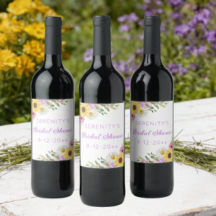 Floral Boho Sunflower Daisy Bridal Shower Wine Label