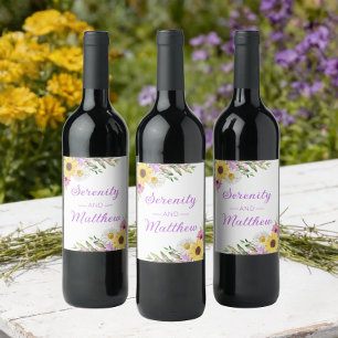 Floral Boho Sunflower Daisy Bridal Shower Wine Label