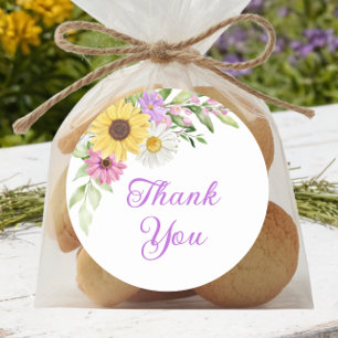 Floral Boho Sunflower Daisy Wedding Thank You Classic Round Sticker