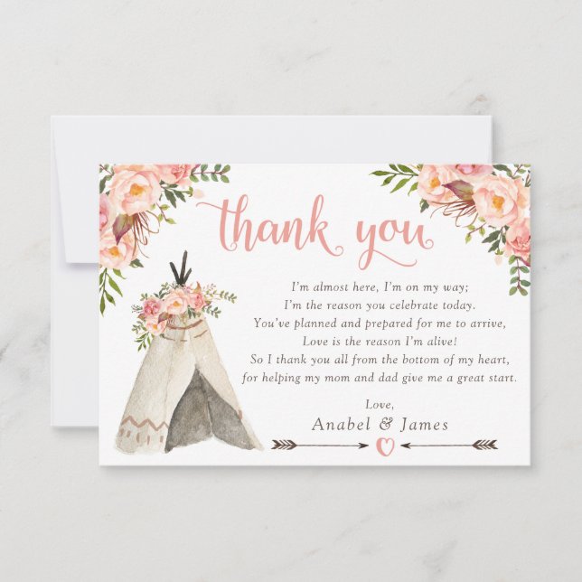 Floral Boho Teepee Chic Arrows Tribal Baby Shower Thank You Card (Front)