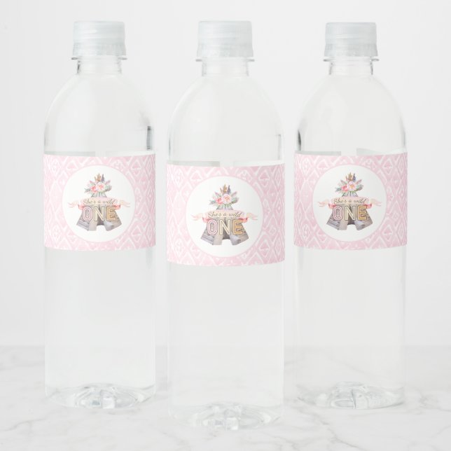 Floral Boho Tribal Teepee Wild One 1st Birthday Water Bottle Label (Bottles)
