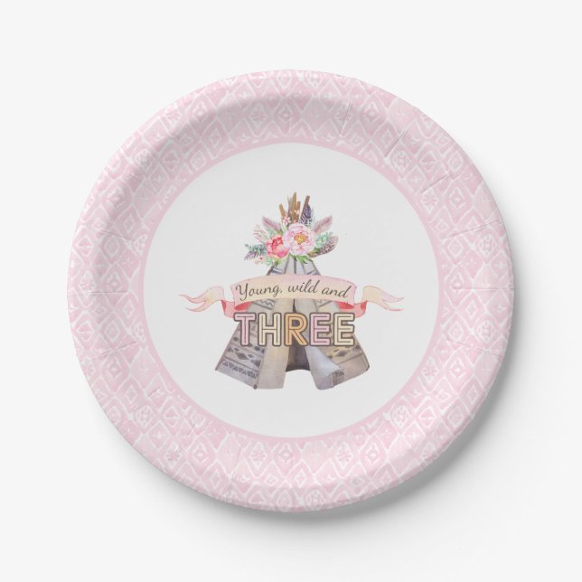 Floral Boho Tribal Teepee Young Wild 3rd Birthday Paper Plate (Front)