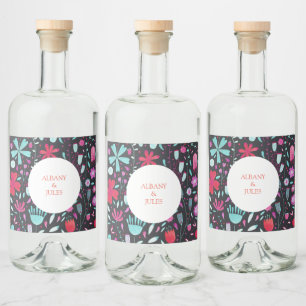 Floral Boho Watercolor Dark Wedding Liquor Bottle Label