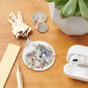 Floral Boho White Horses Keychain