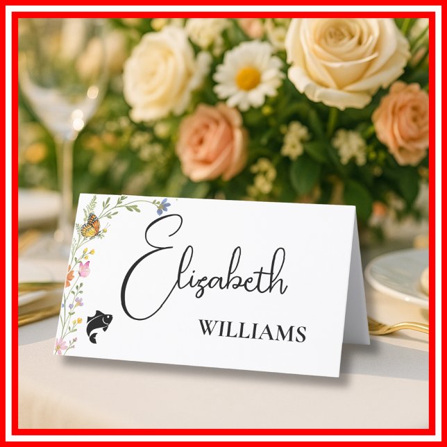 Floral Boho Wildflower Fish Menu Wedding Name Card (Creator Uploaded)