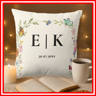 Floral Boho Wildflowers Monogram Butterfly Throw Pillow