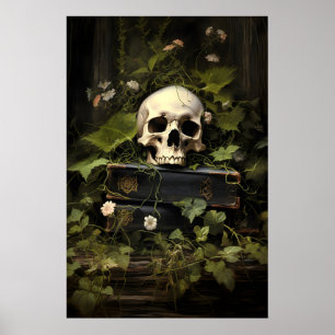 Floral Books Skull Portrait Print, Dark Academia Poster