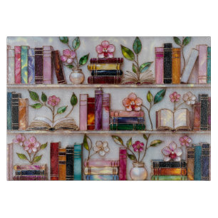 Floral Bookshelf Glass Cutting Board Kitchen Decor