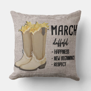 Floral Boots Birth Month Flower/ March Daffodil Throw Pillow