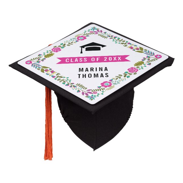 Floral border aqua, pink, green Class of 2024 Graduation Cap Topper (Angled)