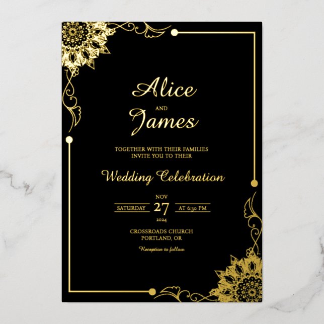 Floral Border Black Gold Foil Wedding Invitation (Front)