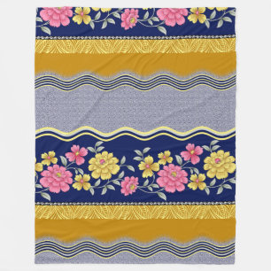 Floral Border Blue Background Zig Zag Pattern Fleece Blanket