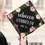 Floral Border | Custom Name and Class Year Graduation Cap Topper<br><div class="desc">Cute custom grad cap topper features the graduate's name in white hand lettered script,  framed by a border of pink watercolor flowers and green foliage. Personalize with your class year and/or school beneath.</div>