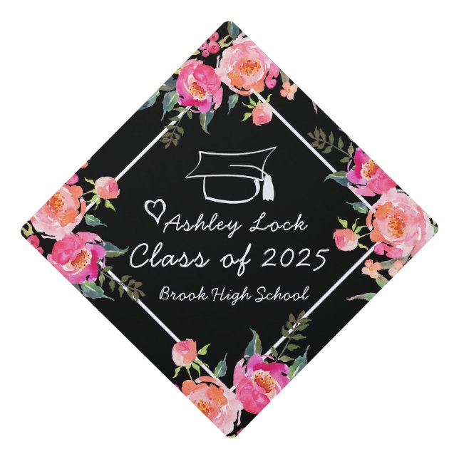 Floral Border | Custom Name and Class Year Sweet Graduation Cap Topper (Front)