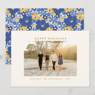 Floral Border Family Photo Blue Yellow Custom Holiday Card