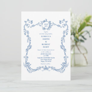 Floral Border French Toile Blue Invitation 02