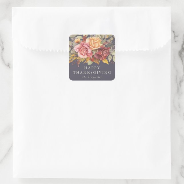 Floral Border Happy Thanksgiving Square Sticker (Bag)