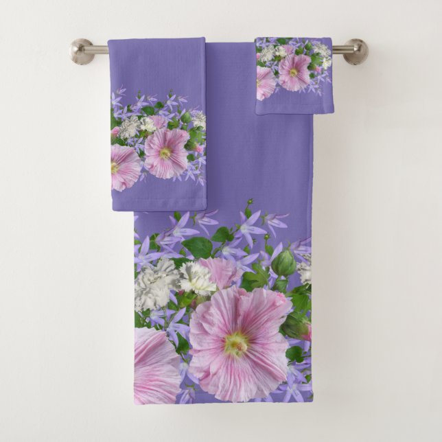 Floral Border Hollyhocks on Periwinkle Background Bath Towel Set (Insitu)