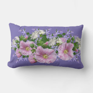 Floral Border Hollyhocks on Periwinkle Background  Lumbar Pillow