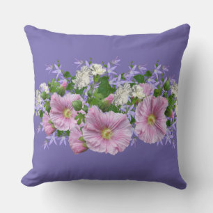 Floral Border Hollyhocks on Periwinkle Background  Throw Pillow