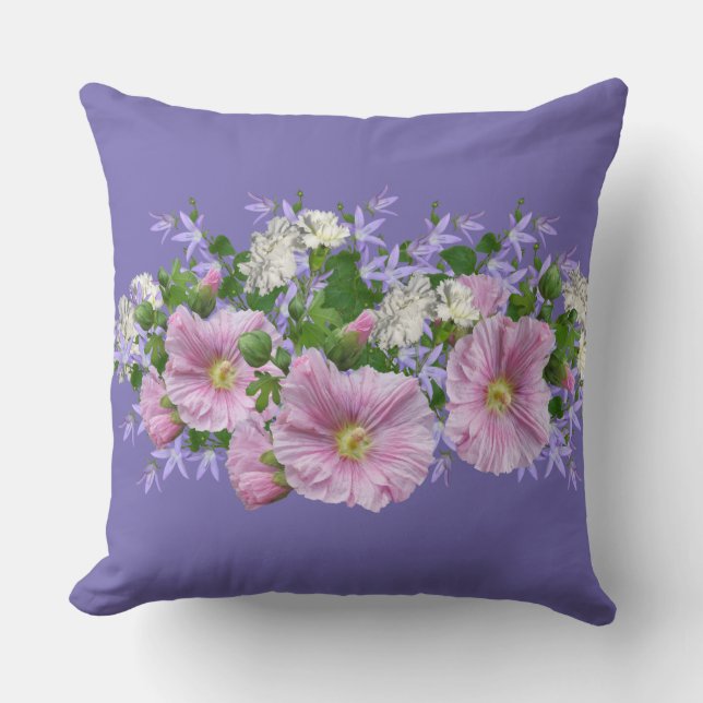 Floral Border Hollyhocks on Periwinkle Background  Throw Pillow (Front)