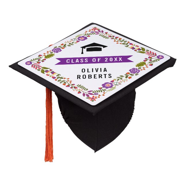 Floral border purple, orange, green Class of 2024 Graduation Cap Topper (Angled)