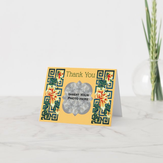 Floral Border Wedding Photo  Thank You Card (Front)