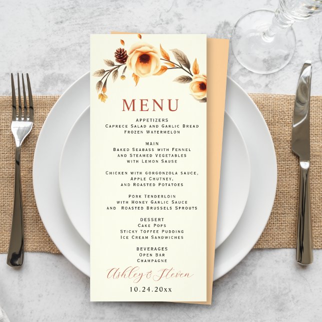 Floral border with peach flowers wedding menu card (Creator Uploaded)