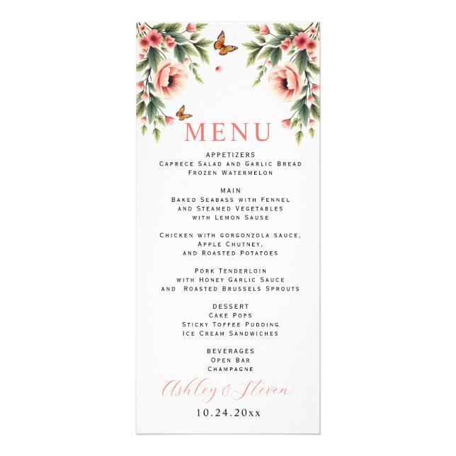 Floral border with pink flowers wedding menu card (Front)