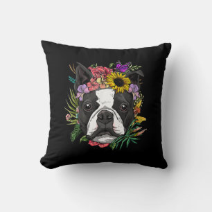 Floral Boston Terrier Dog Spring Nature Dog Lovers Throw Pillow