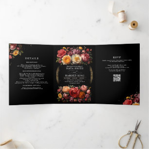 Floral Botanical Black Moody Luxury Wedding Tri-Fold Invitation
