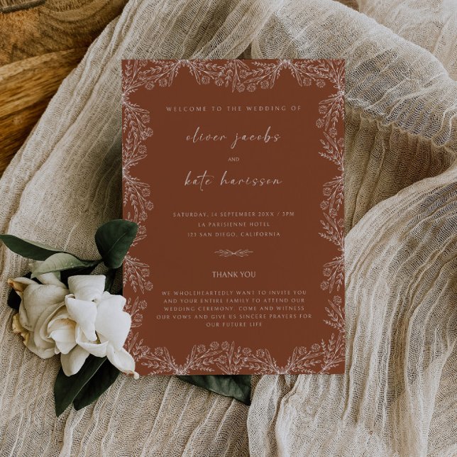 Floral Botanical Burnt Orange & Terracotta Wedding Invitation (Creator Uploaded)