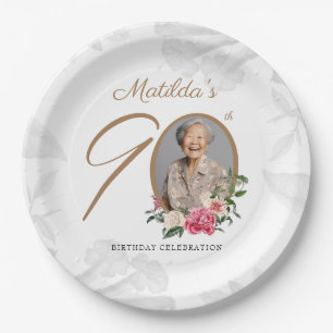 Floral Botanical Custom Photo 90th Birthday Party Paper Plate