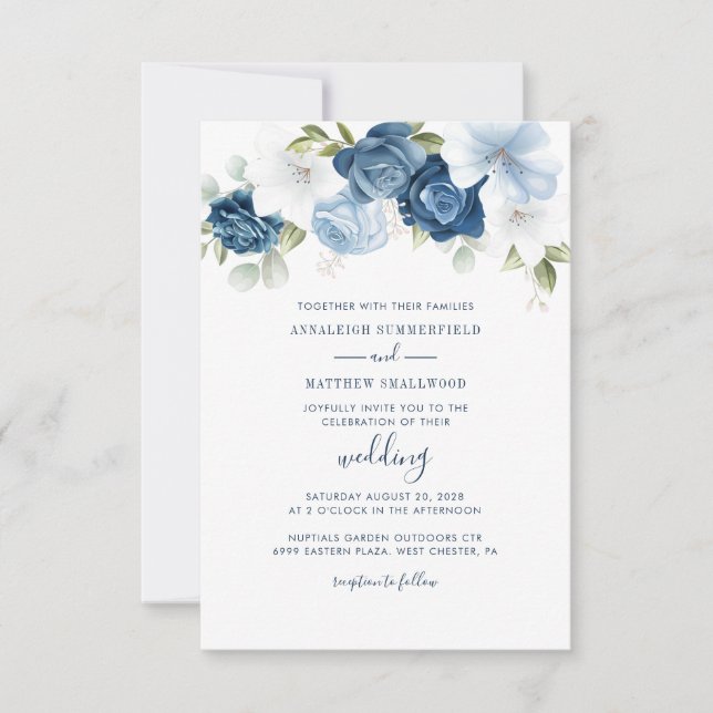 Floral Botanical Dusty Blue Greenery Wedding Invitation (Front)
