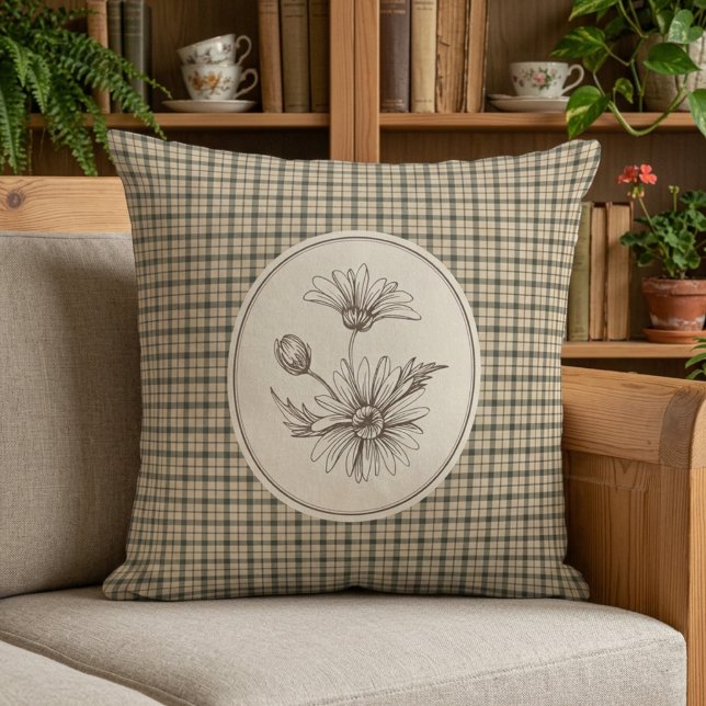 Floral Botanical Gingham Vintage  Throw Pillow (Creator Uploaded)
