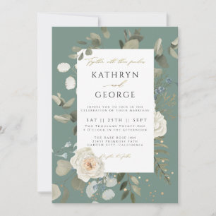 Floral Botanical Greenery Gold Calligraphy Wedding Invitation
