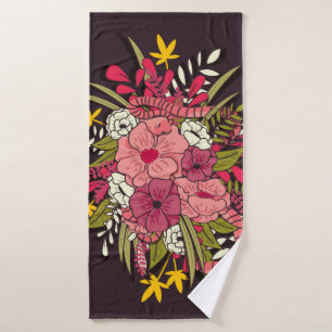 Floral botanical hand drawn vibrant vintage illust bath towel