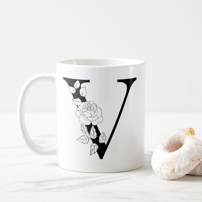 floral botanical intial Letter V Monogram V Coffee Mug (With Donut)