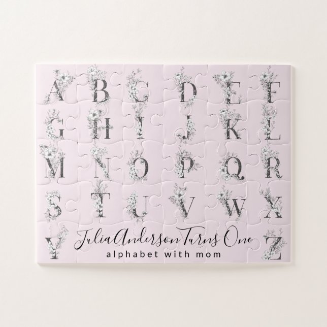 Floral Botanical Letter Alphabet Custom Text Pink Jigsaw Puzzle (Horizontal)