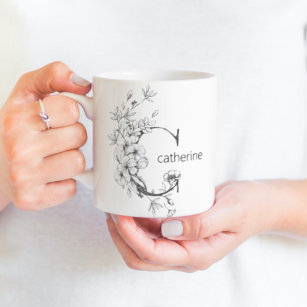 Floral Botanical Monogram   Custom Text Elegant Coffee Mug